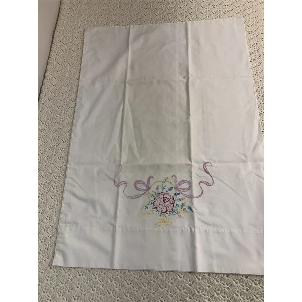 Vintage Pair (2) White Pillowcases Handpainted Flower Basket Ribbons 29”x21”